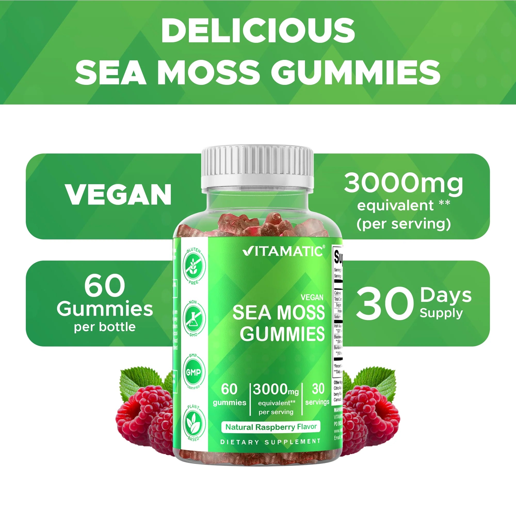 (2 Pack)  Irish Sea Moss Gummies - 3000 Mg - 60 Vegan Gummies - Made with Bladderwrack & Burdock Root - Seamoss Supplement for Thyroid, Energy, Immune Support