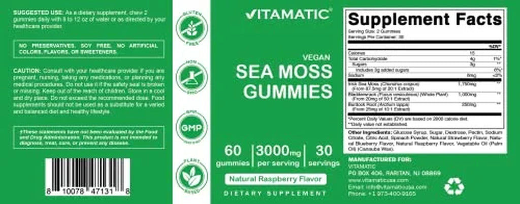 (2 Pack)  Irish Sea Moss Gummies - 3000 Mg - 60 Vegan Gummies - Made with Bladderwrack & Burdock Root - Seamoss Supplement for Thyroid, Energy, Immune Support