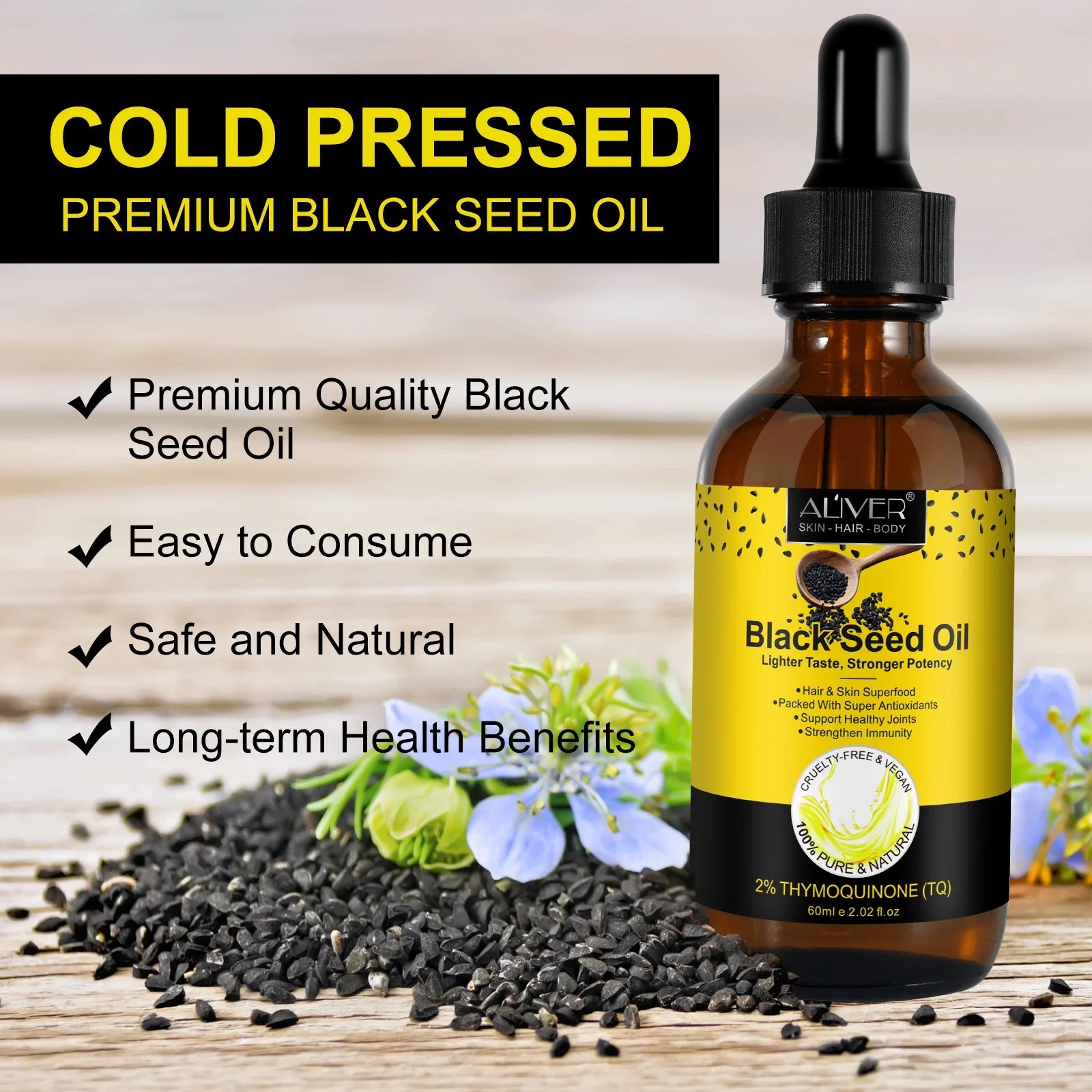 Organic Black Seed Oil, 2Oz 100% Virgin Cold Pressed, Omega-3, Super Antioxidant for Immune Support, Joints, Digestion, Hair & Skin or Eat Directly - 2Packs