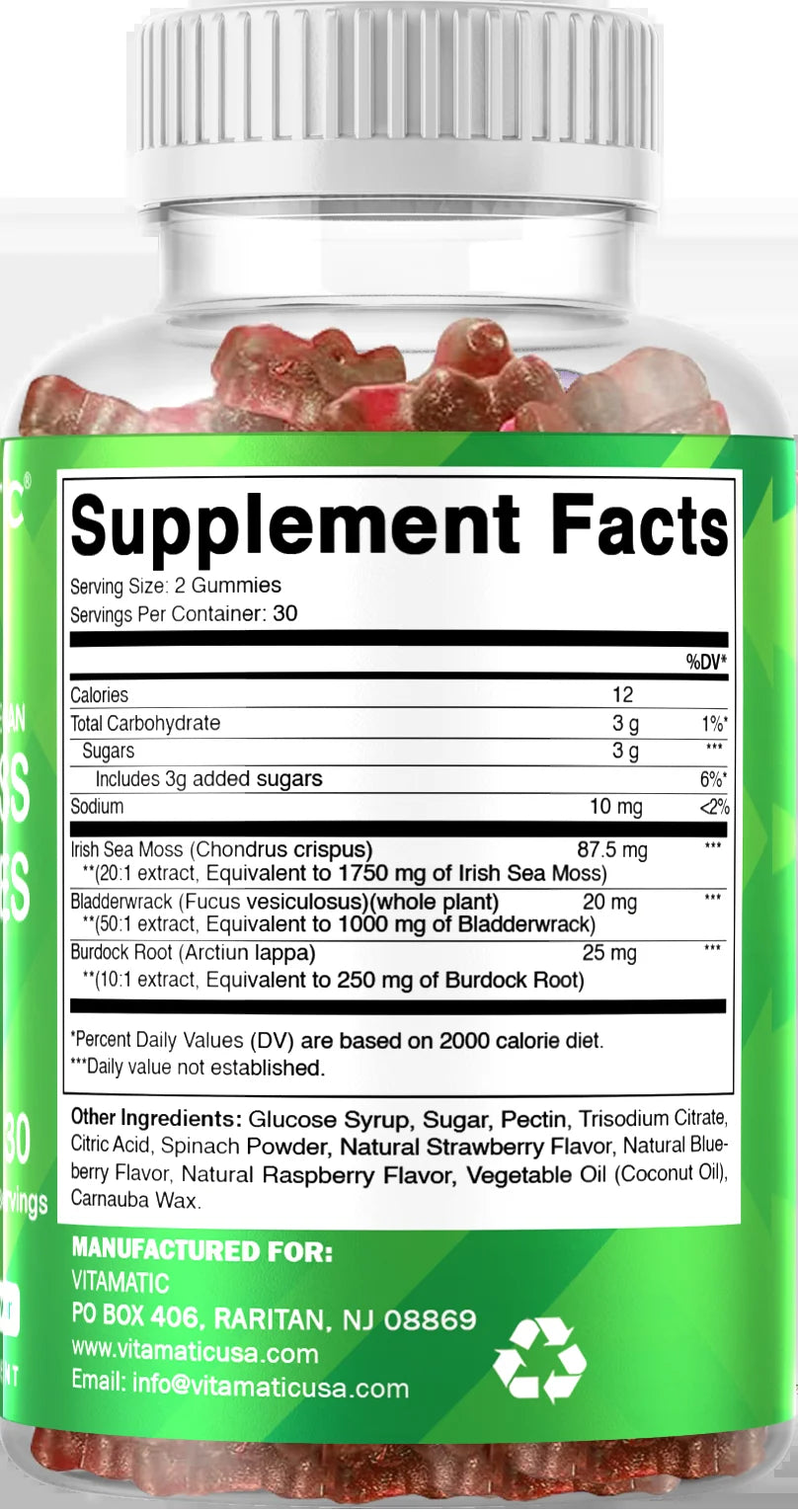 (2 Pack)  Irish Sea Moss Gummies - 3000 Mg - 60 Vegan Gummies - Made with Bladderwrack & Burdock Root - Seamoss Supplement for Thyroid, Energy, Immune Support