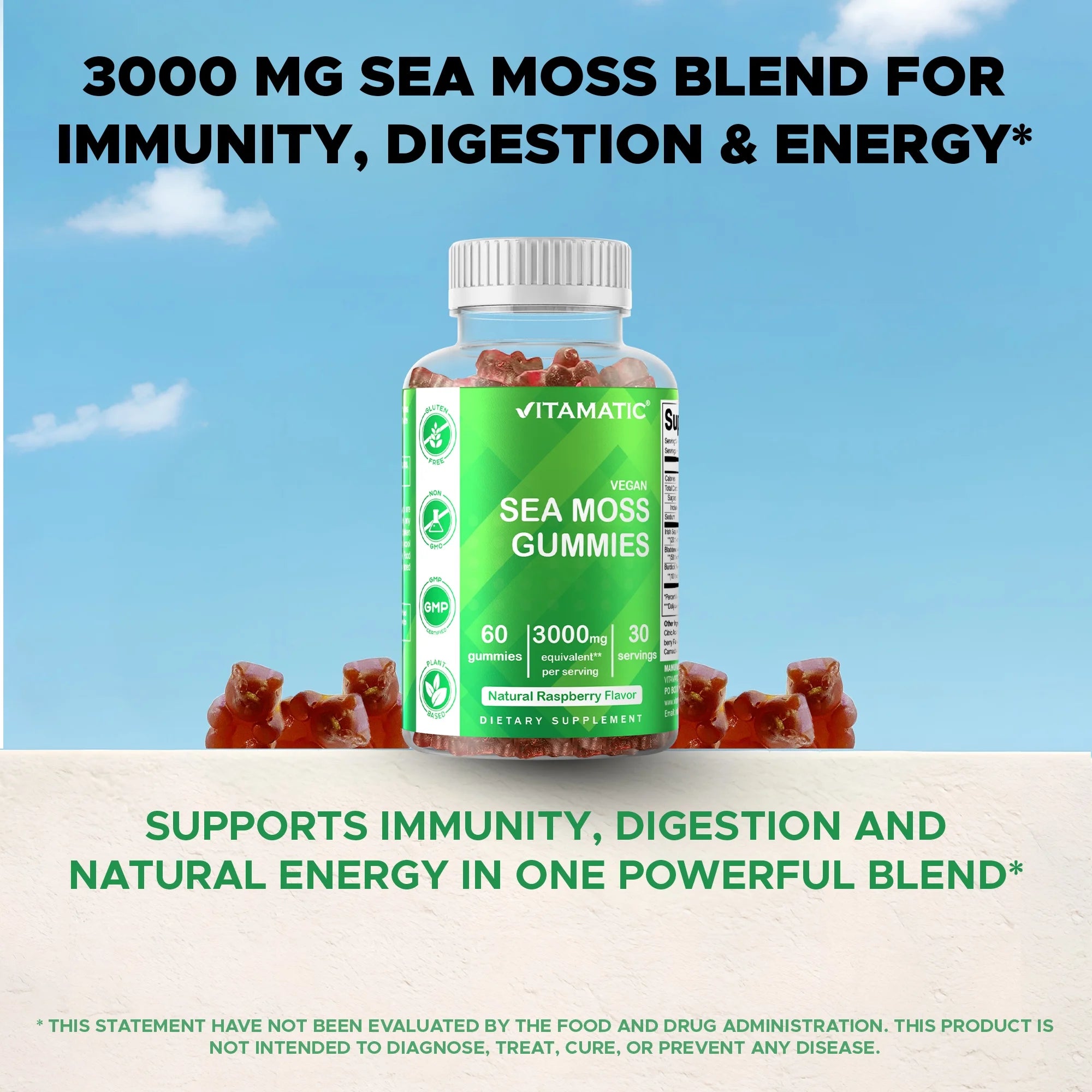 (2 Pack)  Irish Sea Moss Gummies - 3000 Mg - 60 Vegan Gummies - Made with Bladderwrack & Burdock Root - Seamoss Supplement for Thyroid, Energy, Immune Support