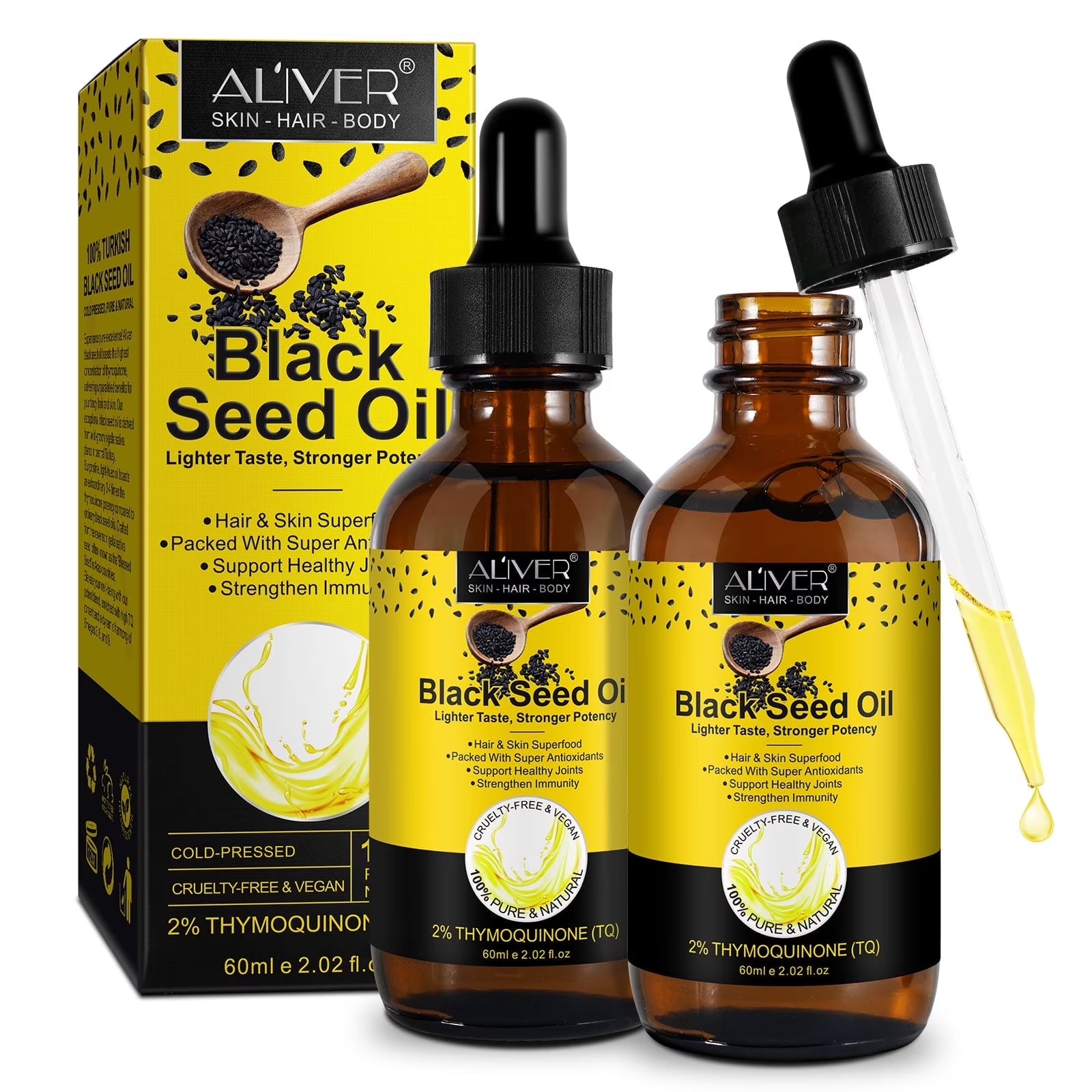 Organic Black Seed Oil, 2Oz 100% Virgin Cold Pressed, Omega-3, Super Antioxidant for Immune Support, Joints, Digestion, Hair & Skin or Eat Directly - 2Packs