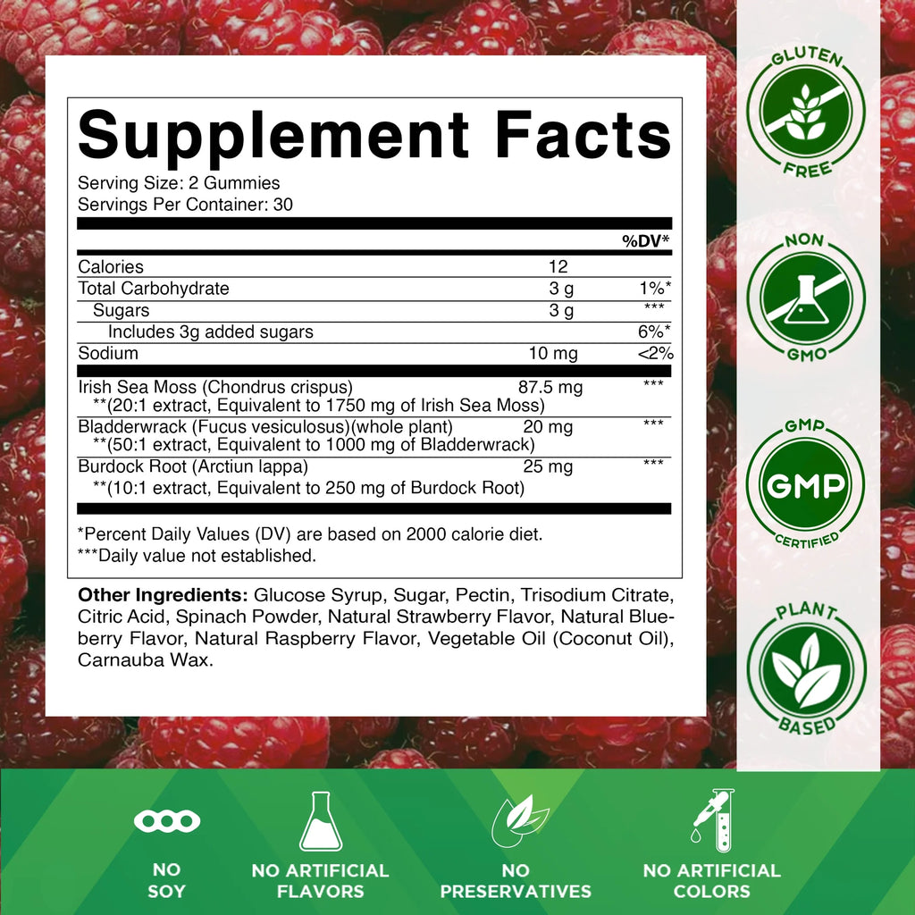 (2 Pack)  Irish Sea Moss Gummies - 3000 Mg - 60 Vegan Gummies - Made with Bladderwrack & Burdock Root - Seamoss Supplement for Thyroid, Energy, Immune Support